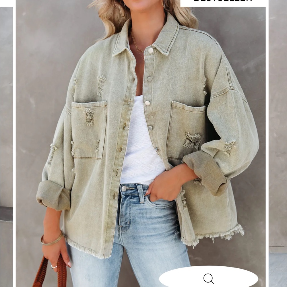 Vici sage green cotton distressed denim jacket, size small